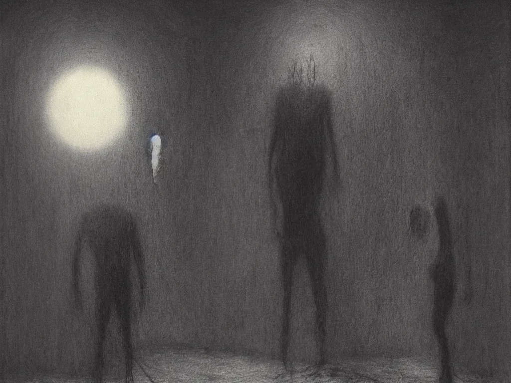 Prompt: a young slender man with a long red hair experiencing a nightmarish psychosis in a dark alley, full moon lighting, Painting by Beksinski, Max Ernst, Eric Lacombe, Eugene Berman