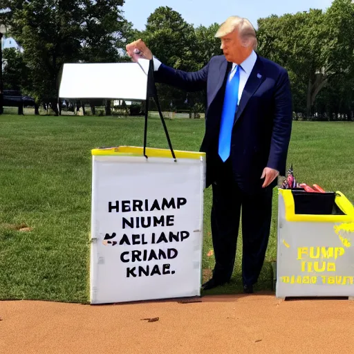 Image similar to donald trump standing behind a lemonade stand, handing out free nuclear codes on the national mall.