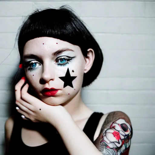 Prompt: beautiful young woman with gutterpunk pen ink face tattoos at golden hour, black & white, stars in background, cinematic diane arbus, leica s, fuji 8 0 0, grainy, low light