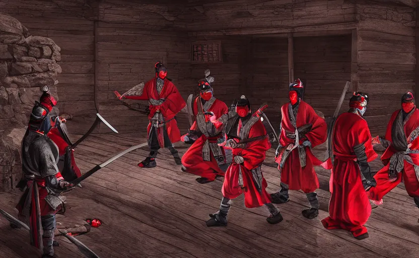 Image similar to highly detailed digital illustration of ninja shinobi in the in old, japanese castle from sengoku period, surrounded by red samurai, cinematic lighting, photobash, raytracing, volumetric lighting