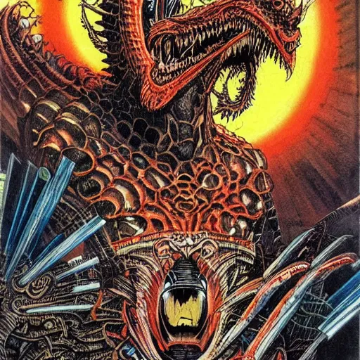 Image similar to an epic demonic alien dragon demigod descending from the cosmos to consume the earth, philippe druillet art