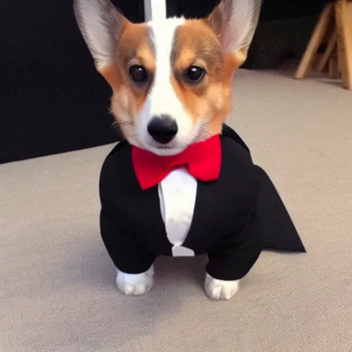 Image similar to corgi wearing a black tuxedo and a red tie