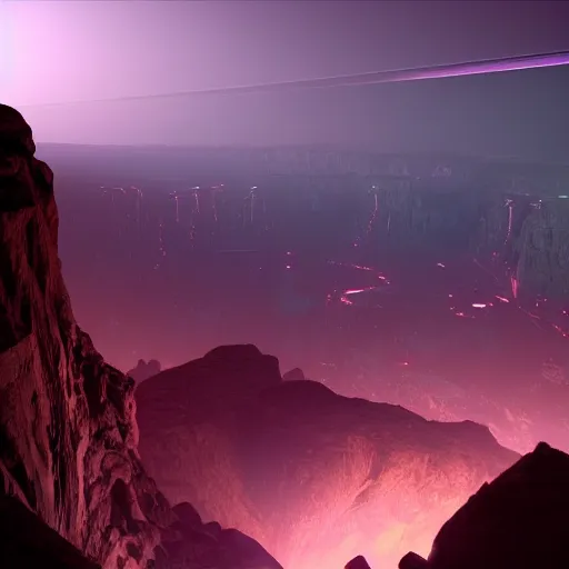 Image similar to a thousand foot cliff overlooking an alien wasteland. night setting. tron style. realistic shaded lighting. unreal engine. bloom.