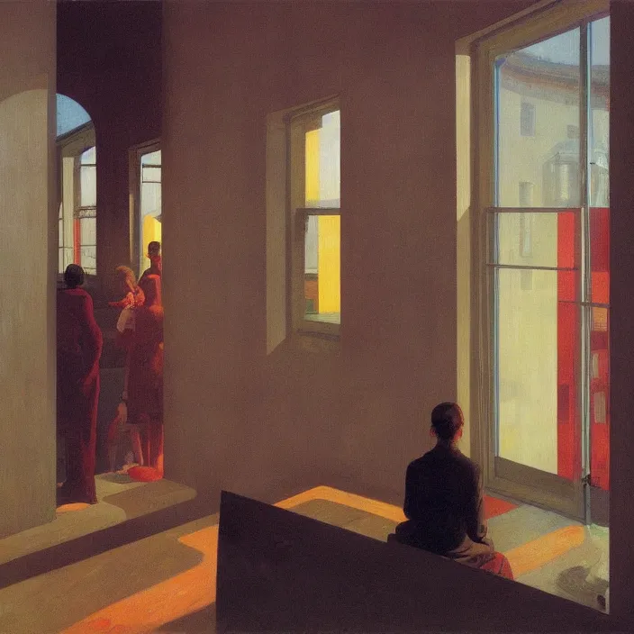 Image similar to wide angle, people inside flooded museum looking through the window Edward Hopper and James Gilleard, Zdzislaw Beksinski, highly detailed