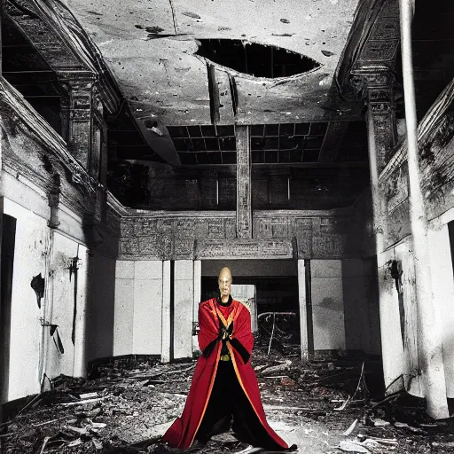 Image similar to UHD photo of Ming The Merciless in an abandoned building, by Annie leibowitz, photorealisitc ,detailed