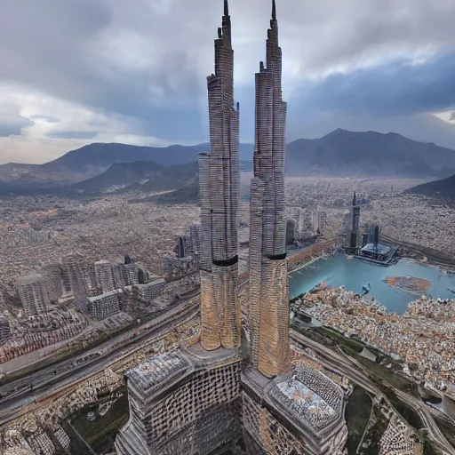 Prompt: world's tallest building in front of a mountain during a tornado