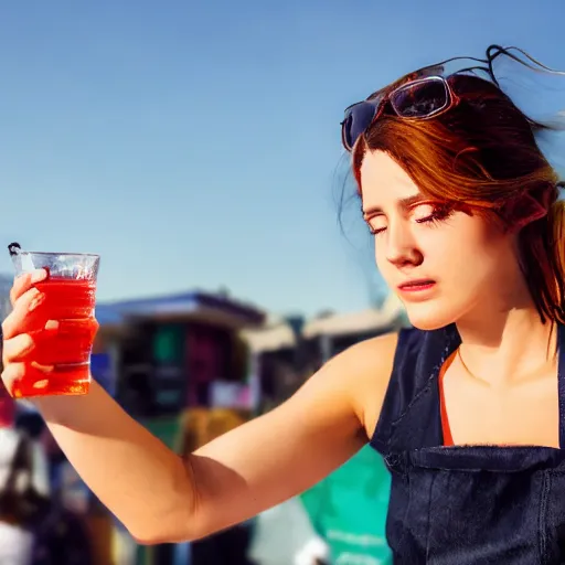 Prompt: a tired and over-heated young female bartender with brown hair serving people alcohol under the hot sun, photograph, 4k