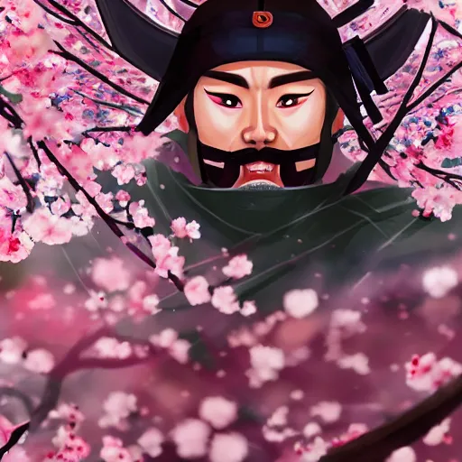 Image similar to A samurai warrior in cherry blossoms, wide angle, symmetrical, digital painting, sharp focus, sword, intense stare, fantasy, character design, game art, artstation, pixiv, 3D, by Ekaterina Savic and Barret Frymire