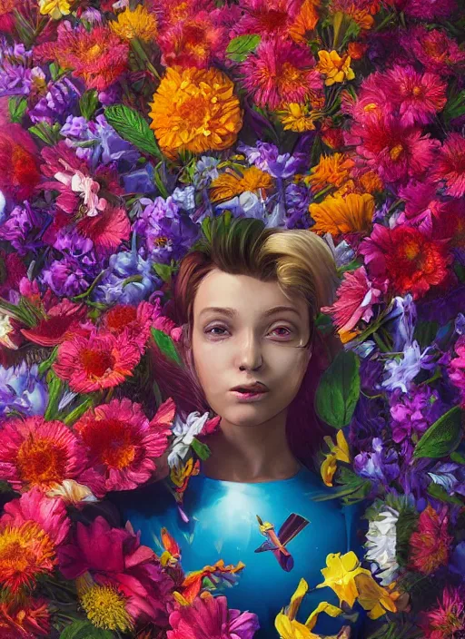 Image similar to An epic fantastic realism comic book style painting of the most beautiful flowers launched into space, bouquets, fisheye lens, unreal 5, DAZ, hyperrealistic, octane render, dynamic lighting