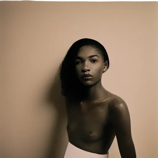 Image similar to realistic photoshoot for a new off-white lookbook, color film photography, portrait of a beautiful woman in style of tyler Mitchell, 35mm, graflex