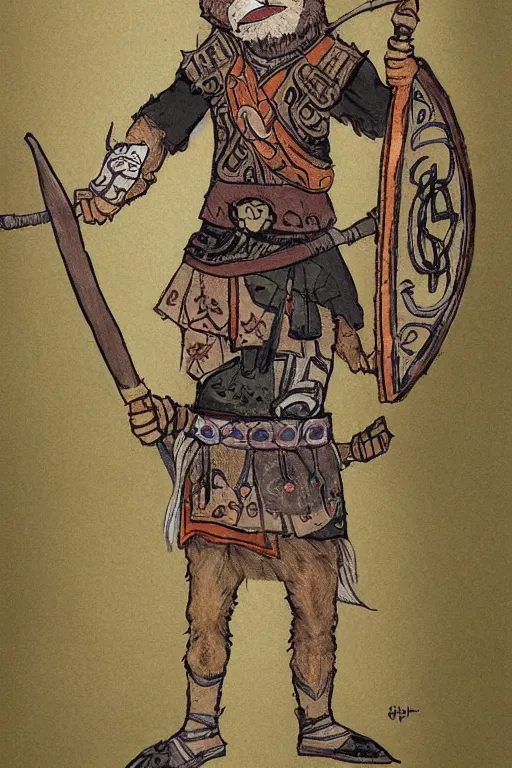 Image similar to full body character concept art of Seohaid of the Murine Hordes, a La Tene Culture Celtic chieftain and warrior, resplendent and proud of bearing. Has a one-eyed rat as a familiar. Eoghaill is the leader of an Comlagh Naomh a group of Iron Age Celtic mercenaries. high quality high detail realistic painting in the style of Angus McBride, Rebecca Guay, and Michael William Kaluta.
