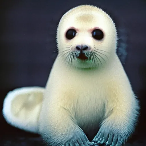 Image similar to a baby harp seal with monkeypox, medical textbook photo
