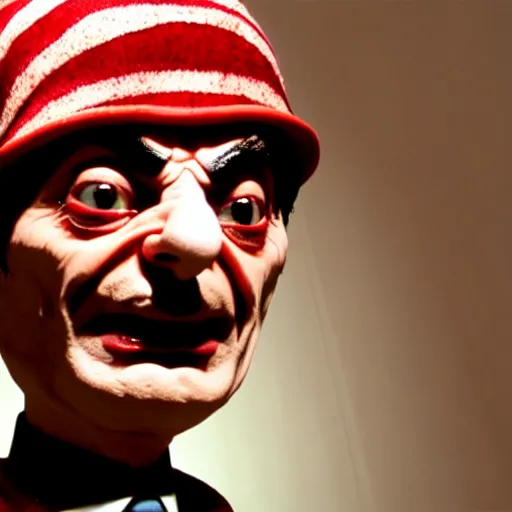 Image similar to mr. bean as freddie krueger. movie still. cinematic lighting.