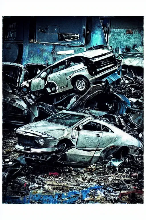 Image similar to “Skoda RS Blue disintegrated in junkyard in rain. Dark, realistic photo. ”