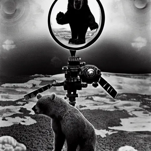 Image similar to putin on a bear, fish eye, atomic bomb in background