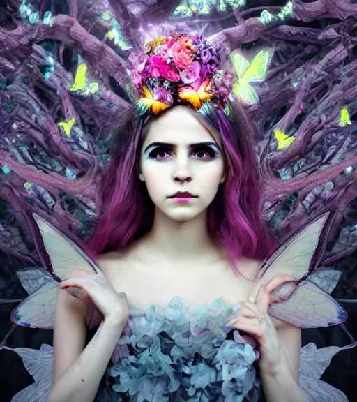Prompt: a beautiful terrifying fairy sad female portrait black eyes twisted trees, floating cloth whirlpool, butterfly, wings made of flowers, iridescent luminous holographic colors, ethereal horror fantasy art by bella kotak and lillian liu, emma watson, 4 k hd artstation concept art