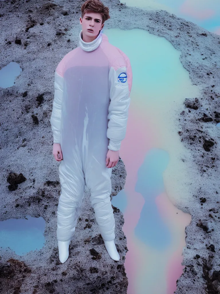 Image similar to high quality pastel coloured film portrait photograph of one beautiful young 2 0 year old male, soft features, short hair, wearing perspex space suit and oversized inflated clothing!! icelandic black rock pool environment. atmospheric three point light. photographic. art directed. ( pastel colours ). volumetric. clearcoat. waves. 8 k. filmic.