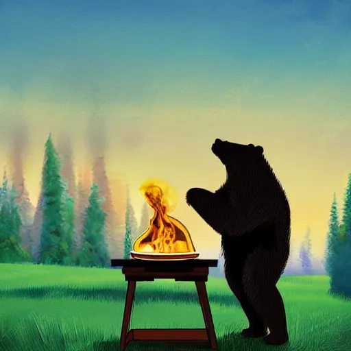 Prompt: a big muscular manly bear grilling pancakes at sunrise, digital art
