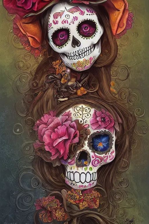 Image similar to Illustration of a sugar skull day of the dead girl, art by Justin Gerard