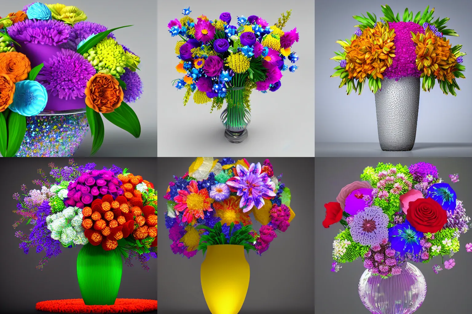 Prompt: a vase full of beautiful flowers, the flowers are made of colorful crystals, photorealistic, 3d render