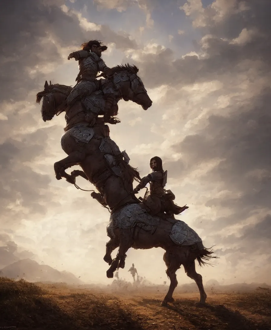 Image similar to hyper realistic knight riding a horse on a long dirt road, illustrated by greg rutkowski, beautiful volumetric lighting, intricate, ultra detailed, photorealistic, trending on artstation, octane render, 8 k