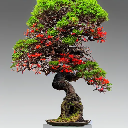 Image similar to incredibly detailed 100 year old Morton Bay fig bonsai planted in, Upside-down ancient intricate red samurai helmet, volcanic rocks, photorealistic, vulumetric lighting, exquisite detail, vray 4k highly detailed, no dof