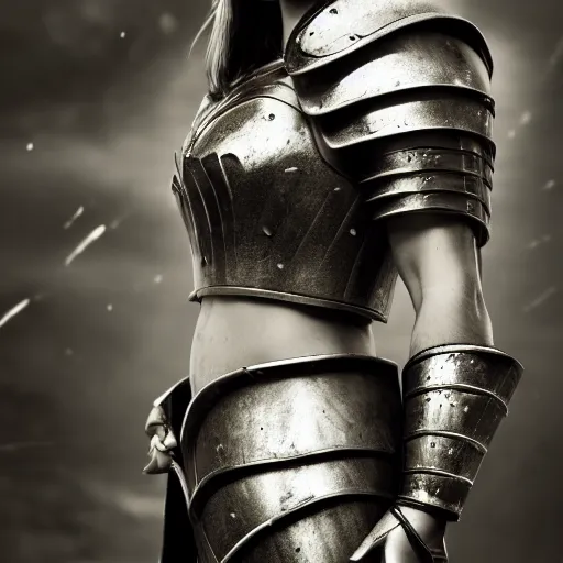 Prompt: pretty female gladiator wearing armor in the arena, shallow depth of field, moody lighting, 8 k, concept art,