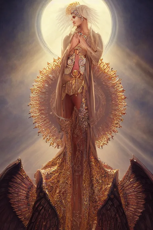 Image similar to A beautiful digital painting of a female Seraphim, intricate jewels, princess, the sun behind her, intricate, cinematic lighting, highly detailed, digital painting, Artstation, concept art, smooth, sharp focus, illustration, art by Tom Bagshaw, Artgerm and Greg Rutkowski