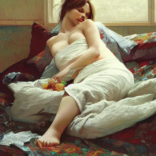 Image similar to a beagle lying on the bed, digital painting, smooth, elegant, hd, art by wlop and artgerm and greg rutkowski and alphonse mucha