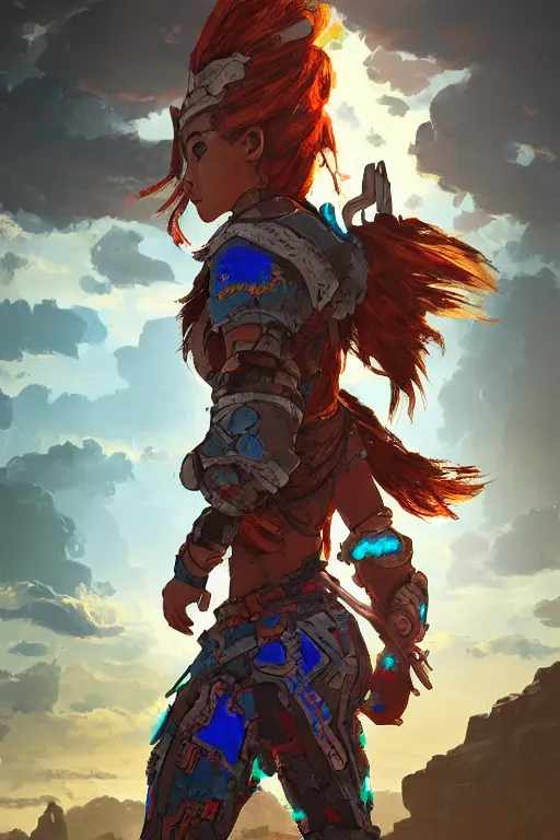 Image similar to combination suit armor aloy horizon forbidden west horizon zero dawn radiating a glowing aura global illumination ray tracing hdr fanart arstation by ian pesty and alena aenami artworks in 4 k tribal robot ninja mask helmet backpack