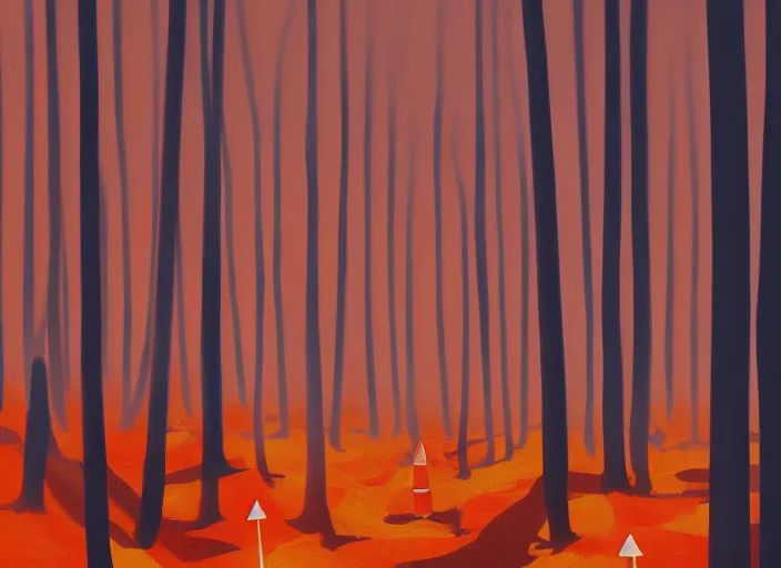 Image similar to a few orange safety cones in a beautiful strange forest, cinematic painting by james jean, atomspheric lighting, moody lighting, dappled light, detailed, digital art, limited color palette, wes anderson, 2 4 mm lens, surreal