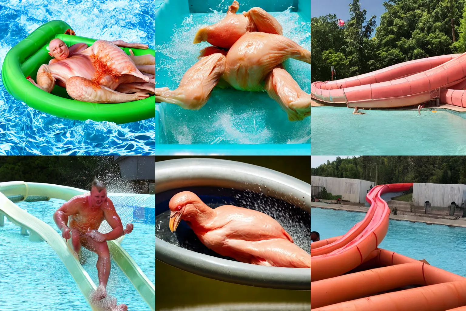 Prompt: Raw Chicken going down a water slide