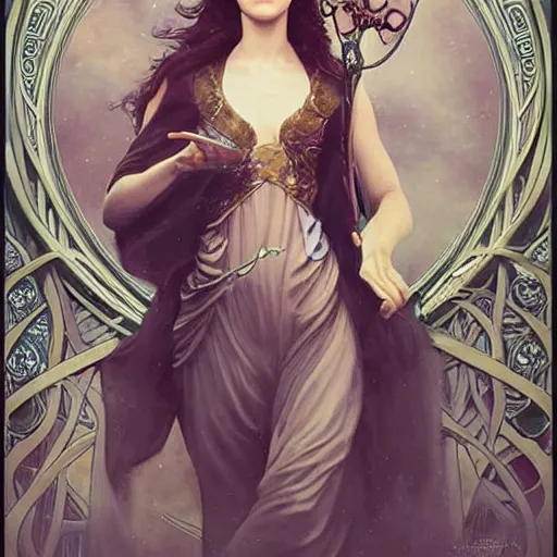 Prompt: Studio portrait of Emma Watson as a fantasy elf, art nouveau, Tom Bagshaw