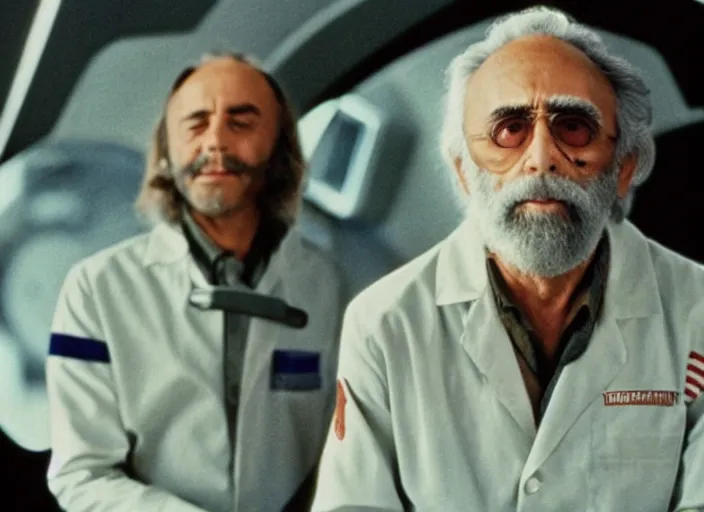 Image similar to film still of young old Tommy Chong as Dr. Dave Bowman in 2001 A Space Odyssey