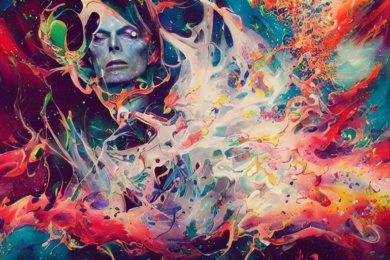 Prompt: a splattered action painting showing david bowie, ultradetailed, fine art painting, peter mohrbacher, moebius, david bowie, frottage, watercolor, acrylic, multilayered paint, spectacular splatter explosion, psychedelic art