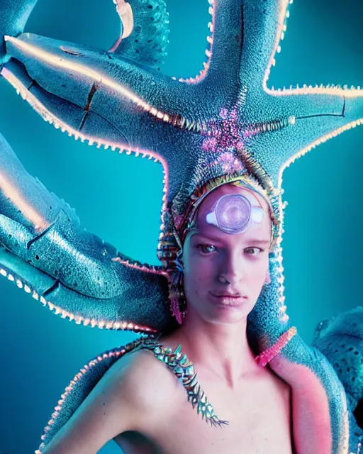 Prompt: natural light, soft focus portrait of a cyberpunk anthropomorphic starfish with soft synthetic pink skin, blue bioluminescent plastics, smooth shiny metal, elaborate ornate head piece, piercings, skin textures, by annie leibovitz, paul lehr