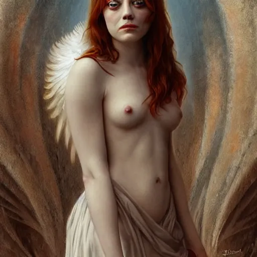 Prompt: emma stone as an angel standing in the front of gates of hell. angel is draped with bones. digital painting. art station. mood lighting. skindness, highly detailed, concept art, intricate, sharp focus, einar jonsson and bouguereau - h 1 2 0 0
