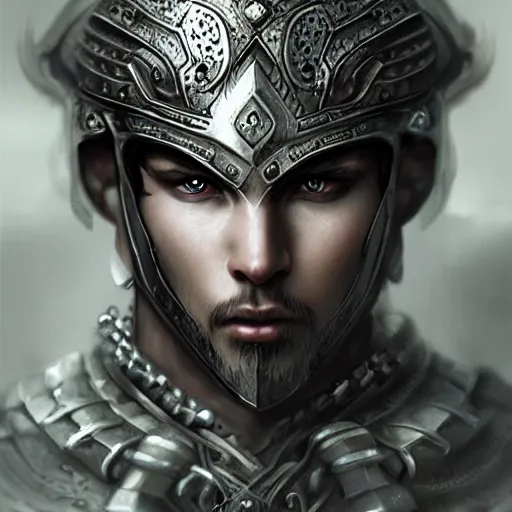 Prompt: beautiful extremely detailed intricate concept art depicting a male warrior by wlop. shining jewelry. grey atmosphere. bcy. net