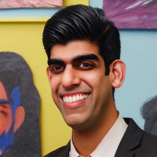Image similar to detailed art of rishi sunak posing and grinning with a thousand teeth
