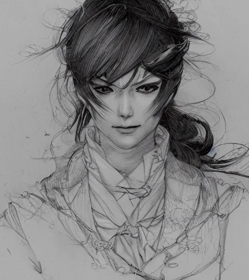 Image similar to dramatic portrait of anime woman wearing sailor suit, pen and ink, intricate line drawings, by craig mullins, ruan jia, kentaro miura, greg rutkowski, loundraw