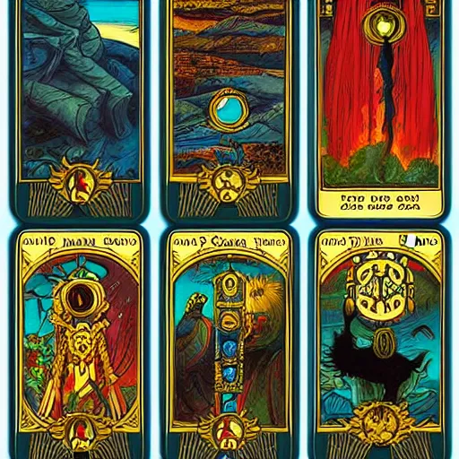 Image similar to tarot cards with symbols and sceneries by peter klasen, artstation, hd, ultra detailed