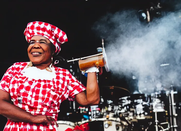 Image similar to photo still of aunt jemima in period attire at vans warped tour!!!!!!!! at age 4 0 years old 4 0 years of age!!!!!!! on stage pouring maple syrup on the crowd, 8 k, 8 5 mm f 1. 8, studio lighting, rim light, right side key light