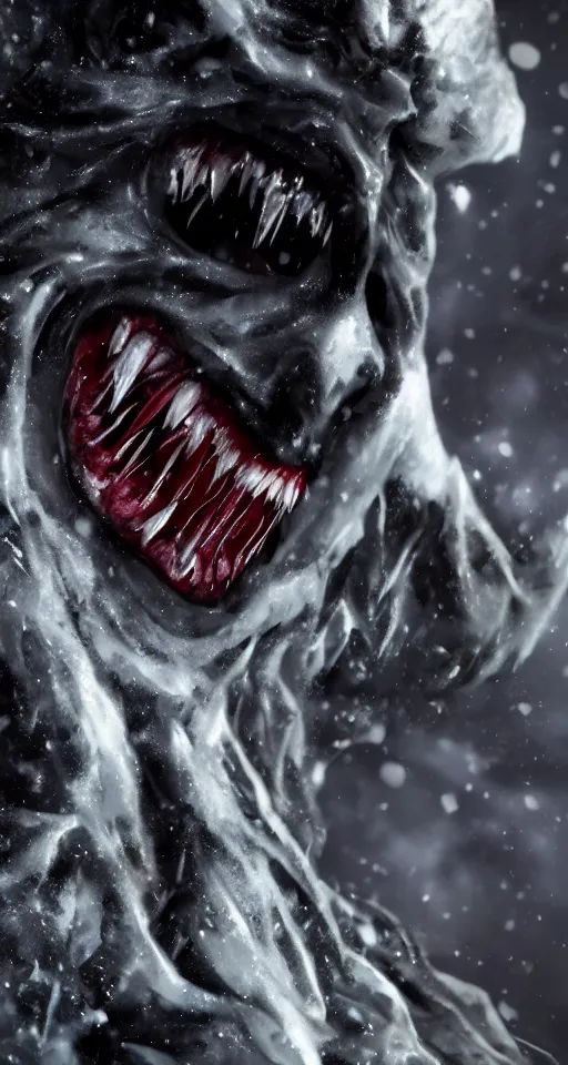 Image similar to up close shot of vampire fangs, winter, dark scenery, dark lighting, cinematic, cold freezing nights, laser lights, crybernetic, top floor boss shit, destroy lonely, black floor, lavish, luxurious, marble walls, cinematic, hyper realism, high detail, octane render, 8 k