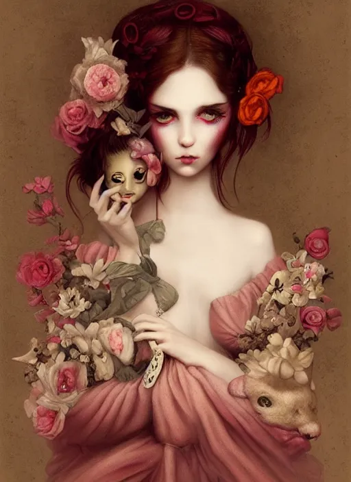 Prompt: pop surrealism, lowbrow art, realistic cute seductive female painting, romantic gown, hyper realism, muted colours, rococo, serafleur, natalie shau tom bagshaw, mark ryden, trevor brown style,