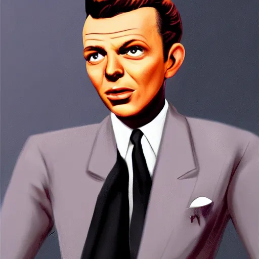 Image similar to perfect composition, subdued color palette, award-winning concept art, detailed digital painting, airbrushed, low contrast: costume design for young Frank Sinatra as a poor 1950s bartender. Volumetric cinematic lighting, great attention to perfect anatomy, special attention to posing, great attention to realistic facial expression, faithful cinematic color scheme, perfectly coherent. In the style of: Greg Rutkowski, Francis Bacon, Syd Mead, Norman Rockwell, Beksinski, Edward Hopper, James Gilleard, Ilya Kuyshinov, WLOP, Stanley Artgerm, Takato Yamamoto, and James Jean.