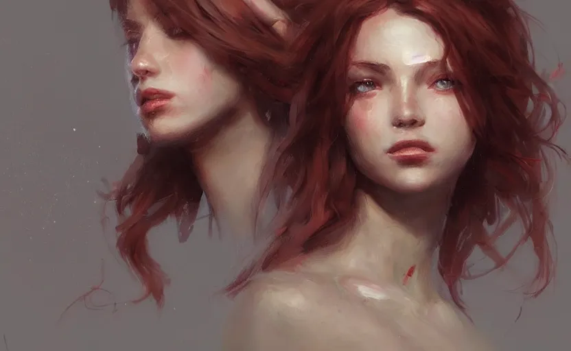 Image similar to a painting of virtualrose trending on artstation in the style of greg rutkowski, beautiful, young female, sensual, natural skin, brown hair, red rose in hair, natural sensuality