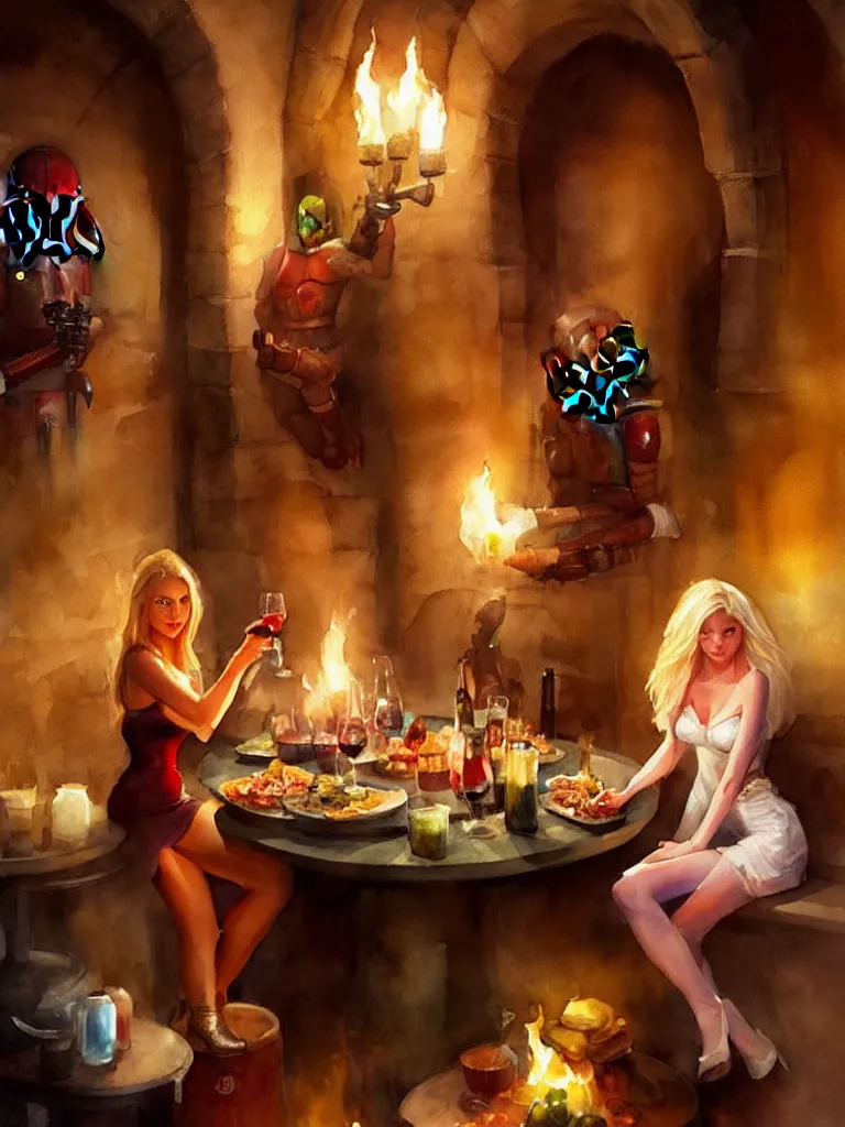 Prompt: blonde hot woman in wine cellar, boba fett, drinking beer, eating meat, cozy, inviting, atmospheric, torches on the wall, watercolor by vladimir volegov