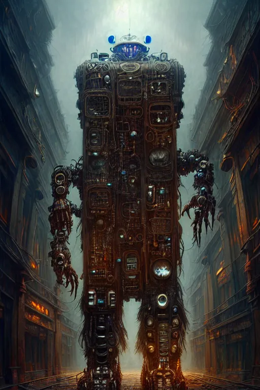 Image similar to A photorealistic 3d render of a robot monster cyborg made of circuits wide view shot by ellen jewett , tomasz alen kopera and Justin Gerard symmetrical features, ominous, magical realism, texture, intricate, ornate, royally decorated, android format, windows, many doors, roofs, complete house , whirling smoke, embers, red adornments, red torn fabric, radiant colors, fantasy, trending on artstation, volumetric lighting, micro details, 3d sculpture, ray tracing, 8k