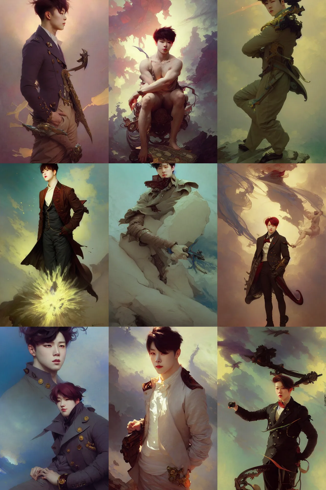 Prompt: male park jimin, art by joseph leyendecker, peter mohrbacher, ivan aivazovsky, ruan jia, reza afshar, marc simonetti, alphonse mucha