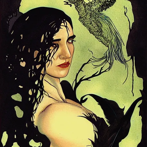 Prompt: youthful modest sad jennifer connelly as gothic dark fae disney villain with black feathers instead of hair, sad, moulting, fetal position, feathers growing out of skin, reading in library, pulp sci fi, mike mignola, david mack, romantic, comic book cover, vivid, beautiful, illustration, highly detailed
